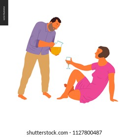 People summer gardening - flat vector concept illustration of young woman sitting on the ground holding a glass and a man standing and pouring lemonade into that glass, self-sufficiency concept