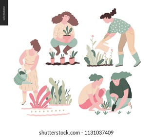 People summer gardening - set of vector flat hand drawn illustrations of people doing garden job - watering, planting, growing and transplant sprouts, self-sufficiency concept