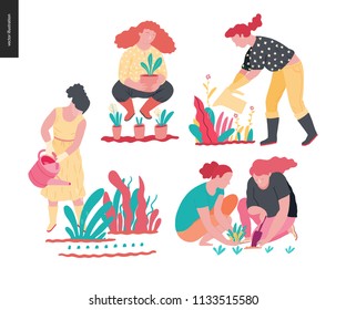 Gente jardinería de verano - conjunto de ilustraciones vectoriales de mano plana de personas que hacen trabajo de jardín - riego, plantación, cultivo y brotes de trasplante, concepto de autosuficiencia