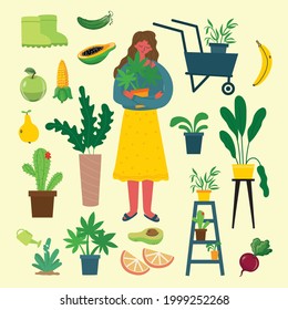 People summer gardening - set of vector flat hand drawn illustrations of people doing garden job - watering, planting, growing and transplant sprouts
