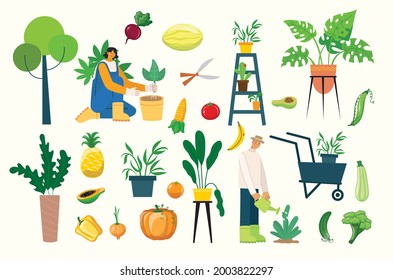 People summer gardening - set of vector flat hand drawn illustrations of people doing garden job - watering, planting, growing and transplant sprouts, self-sufficiency concept