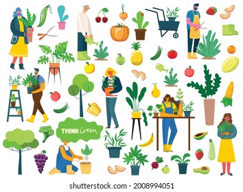 People summer gardening - set of vector flat hand drawn illustrations of people doing garden job - watering, planting, growing and transplant sprouts, self-sufficiency concept