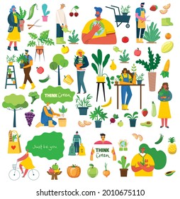 People summer gardening - set of vector flat hand drawn illustrations of people doing garden job - watering, planting, growing and transplant sprouts, self-sufficiency concept