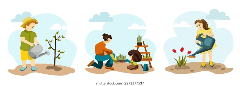 People summer gardening - set of vector flat hand drawn illustrations of children doing garden job - watering, planting, Vector illustration