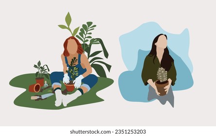 People summer gardening - set of vector flat hand drawn illustrations ..gardening - set of vector flat hand drawn illustrations of people doing garden job - watering,growing . girls doing gardering