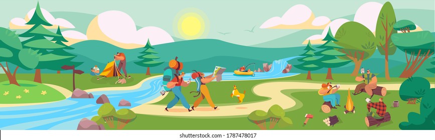 People in summer nature park flat vector illustration. Cartoon family friends camper characters spend time together, hiking, cooking food, sitting by campfire. Summertime camping adventure background