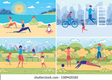 People Summer Outdoor Activity and Recreation on Nature. Diverse People Cartoon Characters Playing Sport Games and Training at Park, having Yoga Classes at River Bank. FLat Vector Illustration Set.