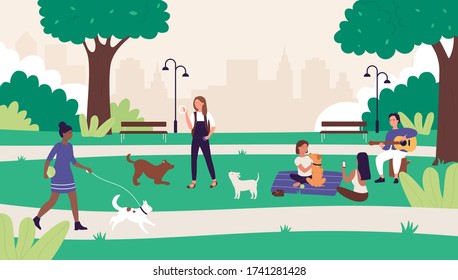 People in summer outdoor city park vector illustration. Cartoon happy flat woman man friends have fun on picnic, active character walking or playing with pet dog, summertime leisure weekend background