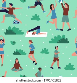 People in summer outdoor city park activity seamless pattern vector illustration. Cartoon flat woman man friends and couple doing yoga and morning sport activities together nature background