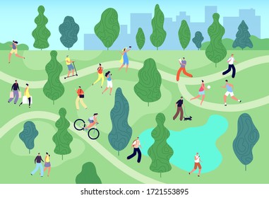 People in summer park. City green garden. Men women walking, relaxing and training, meeting, fishing. Outdoor activity vector illustration