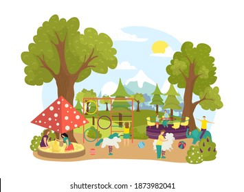 Gente en el parque de verano, ilustración vectorial. La niñez al aire libre, el personaje de niña juega en el jardín de infancia. Feliz actividad en el paisaje natural de fondo de caricaturas.