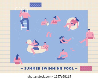 people in the summer pool. flat design style minimal vector illustration