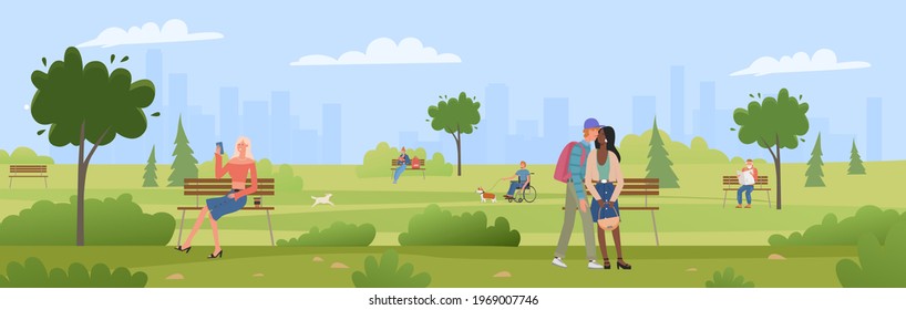 People in summer public park, wide panorama landscape illustration.