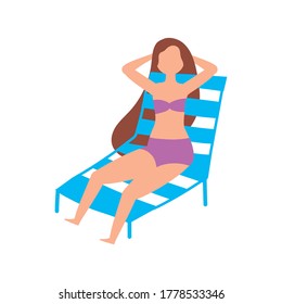 people summer related design, girl sunbathing on deck chair cartoon vector illustration