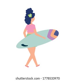 people summer related design, woman carrying surfboard, season activity vector illustration