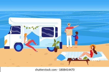 People in summer sea beach camping vacation vector illustration. Cartoon flat family characters travel on trailer caravan camper van, have fun on beachside camp, summertime holiday picnic background