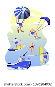 People Summer Sports Activity. Surfing, Sup Board, Paragliding, Motor Boat Riding, Sailing. Sports Men and Women Relax at Summertime Vacation, Leisure Sport Recreation Cartoon Flat Vector Illustration