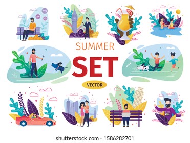 People Summer Time Activities Trendy Flat Isolated Concepts Set. Parents and Kids Playing with Dog, Swimming in Pool, Couple Traveling in Car, Walking Together, Freelancer Using Laptop Illustration