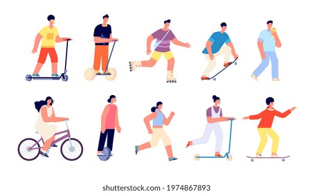 People summer walk. Sport activities, vacation outdoor activity. Woman running or jogging, healthy cartoon active men utter vector characters