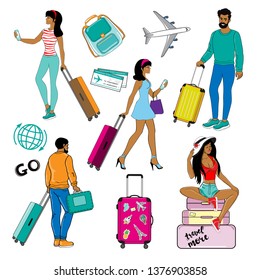 People sun suitcases on a white background. Travel set