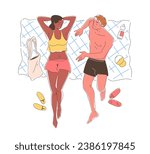People sunbath at beach doodle. Leisure outdoor in summer season. Man and woman lie at blanket. Graphic element for website. Cartoon flat vector illustration isolated on white background