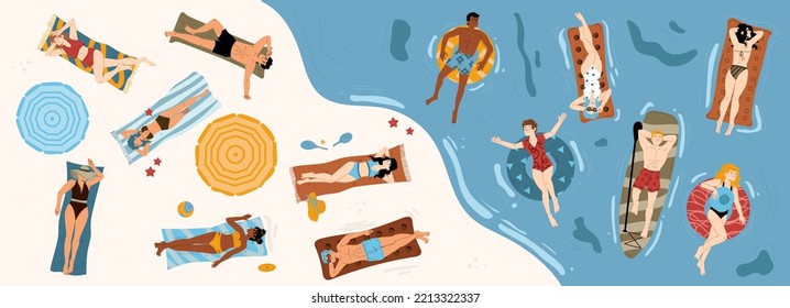 People sunbath on beach, float on inflatable rings top view. Diverse male and female characters lying on mats, sup board and mattresses in sea and sand tanning, Cartoon linear flat vector illustration