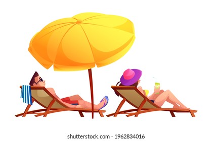 People sunbathe and drink cocktails on sun loungers under umbrella isolated cartoon characters. Vector man and woman resting together summer holiday adventures. Couple in swimsuits on rest, summertime