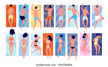 People sunbathe. Isolated persons on towels, tanning friends vacations. Girl outdoor summer relax, flat pool beach holidays utter vector set