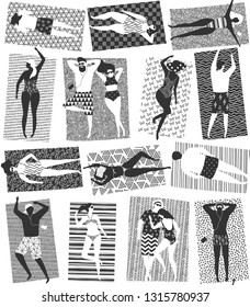 people sunbathe on the beach, seamless texture, graphics with handmade patterns, vector illustration