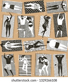 people sunbathe on the beach, seamless texture, graphics with handmade patterns, vector illustration