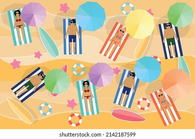 a people sunbathe on the beach in summer under umbrellas on the sea with lifebuoy and surf