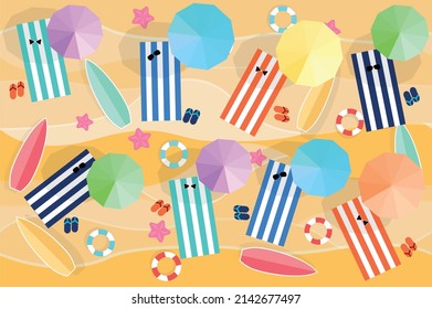 a people sunbathe on the beach in summer under umbrellas on the sea with lifebuoy and surf