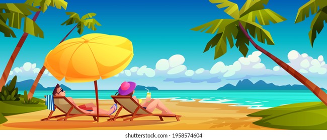 People sunbathe on summer beach, cartoon couple lying on chaise lounges under umbrella on ocean or sea shore. Tropical paradise, palms and landscape scenery, tourist holiday vacation place for rest