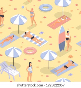 People sunbathe and play beach isometric seamless pattern. Woman in striped gray swimsuit walks with surfboard man in black swimming trunks doze yellow vector sand.