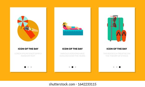 People sunbathing flat icon set. Swimming, luggage, beach isolated sign pack. Summer vacation, travelling concept. Vector illustration symbol elements for web design and apps