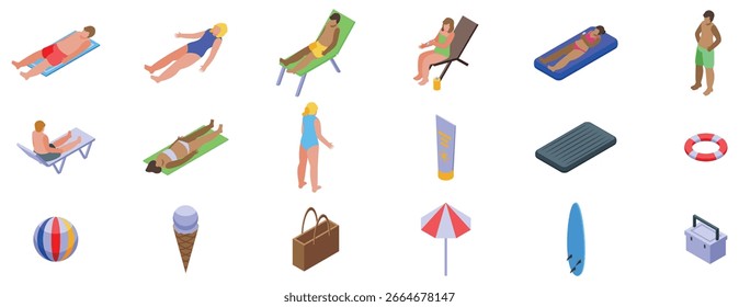  Pessoas banhando o sol ícones definir. Conjunto isométrico de elementos de praia mostrando as pessoas tomando sol, nadando, jogando e relaxando nas férias de verão