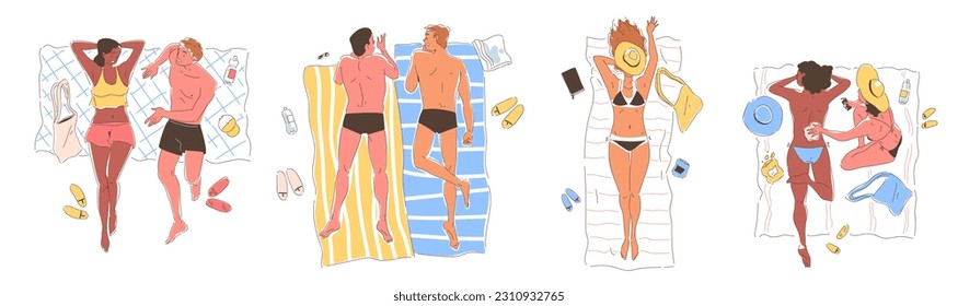 Menschen sonnen sich am Strand. Männer und Frauen in Badebekleidung oder Bikini kommunizieren miteinander. Charaktere aus der Draufsicht liegen in den Sommerferien auf dem Handtuch. Lineare, flache Vektorgrafik-Kollektion einzeln auf Weiß