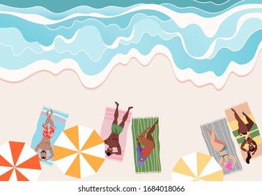 People sunbathing on the beach. Top down view. Male and female characters laying on the sand. People characters and parasols. Young women and men. Vector illustration for web and print design.