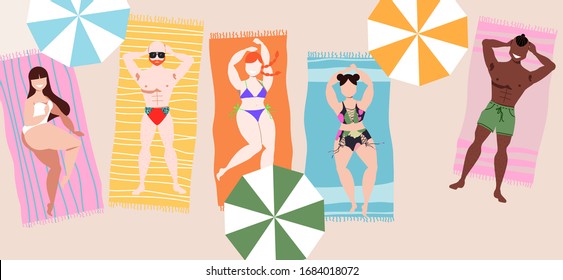 People sunbathing on the beach. Top down view. Male and female characters laying on the towels. Pale and dark skin people and parasols. Young women and men. Summer has just started. Vector art for web