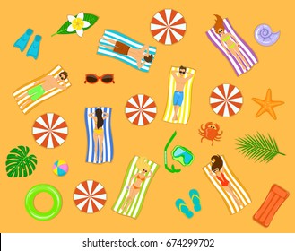 people sunbathing on the beach top view scene.