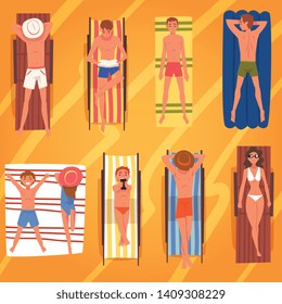 People Sunbathing on Beach Towels Set, Top View of Lying Young Men and Women in Swimwear Vector Illustration