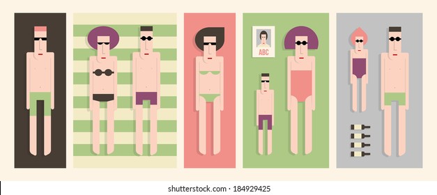 People are sunbathing on the beach, vector cartoon illustration