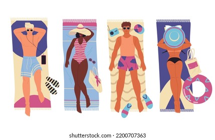 People sunbathing on a beach, vector banner.