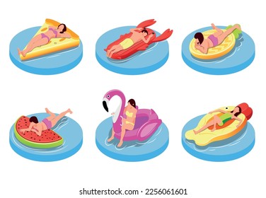 People sunbathing on inflatable swimming accessories of bright lights and extravagant shapes colored isometric compositions isolated vector illustration