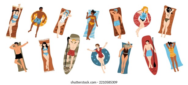 People sunbathing on summer beach. Diverse happy men and women in swimsuits and hats lying on mats, towels, inflatable floats and surfboards, vector hand drawn illustration