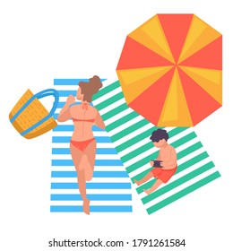 People sunbathing and relaxing by seaside. Woman and kid laying on blankets under umbrella. Family consisting of mother and son. Summer vacation and rest, sea beach or poolside, vector in flat