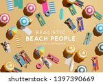 People sunbathing and relaxing on the beach while on holiday. Top view vacation background.