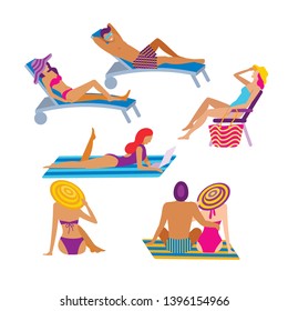 People sunbathing at summer recreation set. Lady lying on towel with laptop. Man and woman enjoy on chaise lounge. Lovely couple hugging vector illustration. Tropical relaxation flat concept.