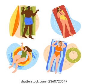 People sunbathing top view set. Men and women at rubber rings and mattresses. Tropical and exotic countries leisure outdoor. Cartoon flat vector collection isolated on white background