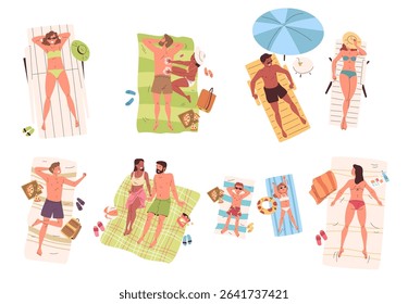 People sunbathing towels. Man woman in swimsuit lying on towel sea beach, relax sunbath top view tan guy girl bikini sun bath summer vacation pool rest, classy vector illustration original artwork